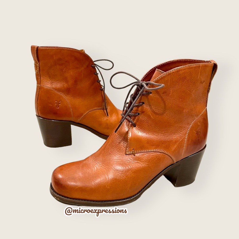 Frye Kendall Chukka Real Cognac Brown Leather Short Lace Up Heeled Ankle Boots - Picture 12 of 12